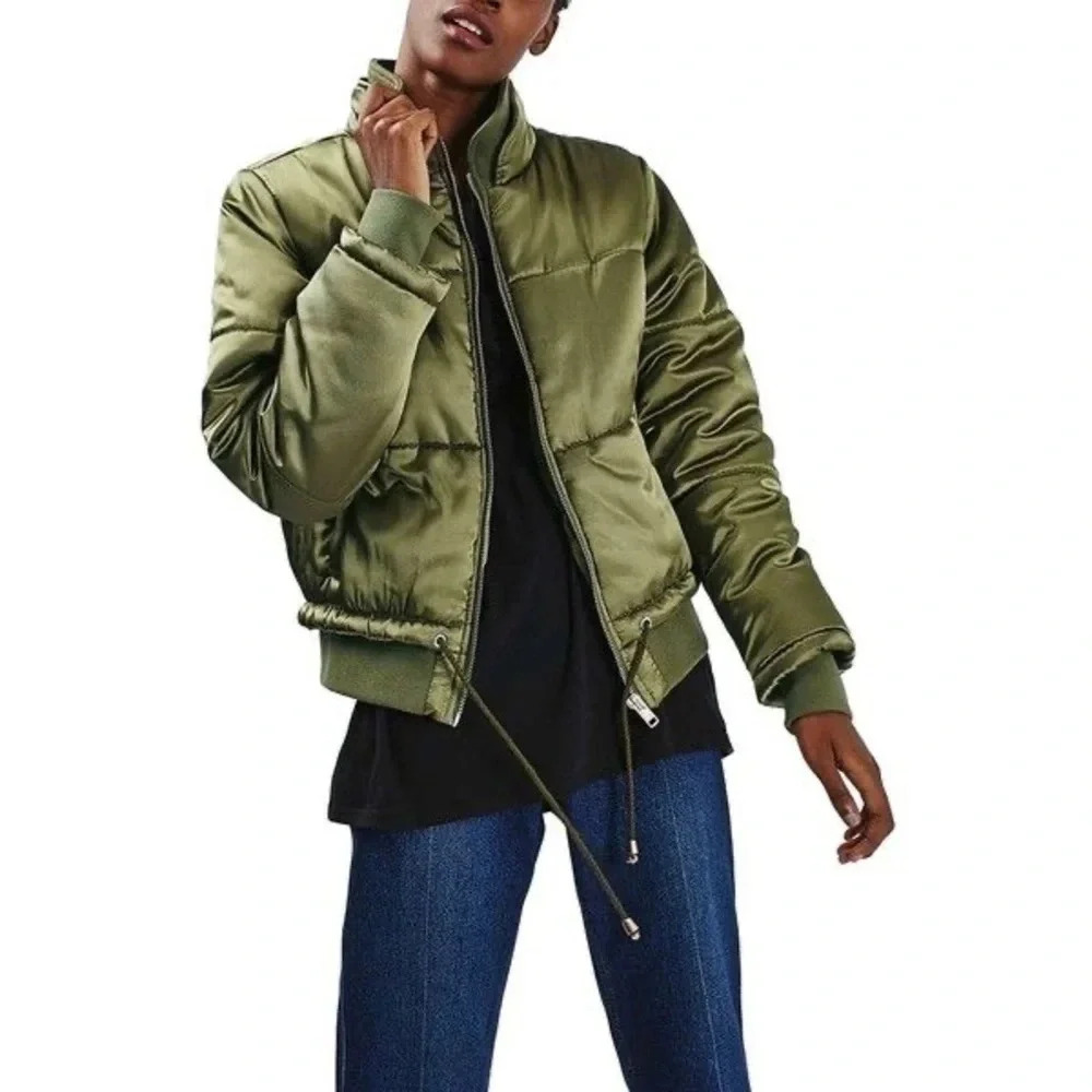 Satin Olive bomber military greenpuffer outdoor  zip up outerwear jacket sz 12